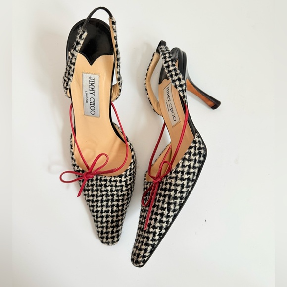 Jimmy Choo Vintage Black White Houndstooth Wool Red Dainty Ribbon Pumps EU 37 - Picture 1 of 7